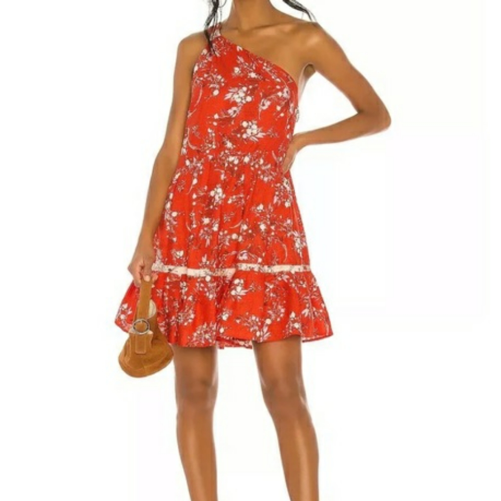 NWT Free People All Mine Mini Dress, Linen Blend One Shoulder Cherry Combo Print